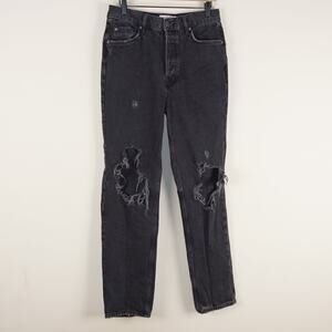 Free People The Lasso Black Distressed Ripped High Waist Straight Jeans 28